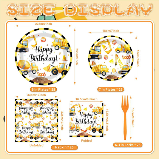 100 Pcs Construction Truck Party Tableware Set – Disposable Vehicle Theme Plates, Napkins, and Forks for Boys Birthday Parties and Truck-Themed Celebrations – Serves 25