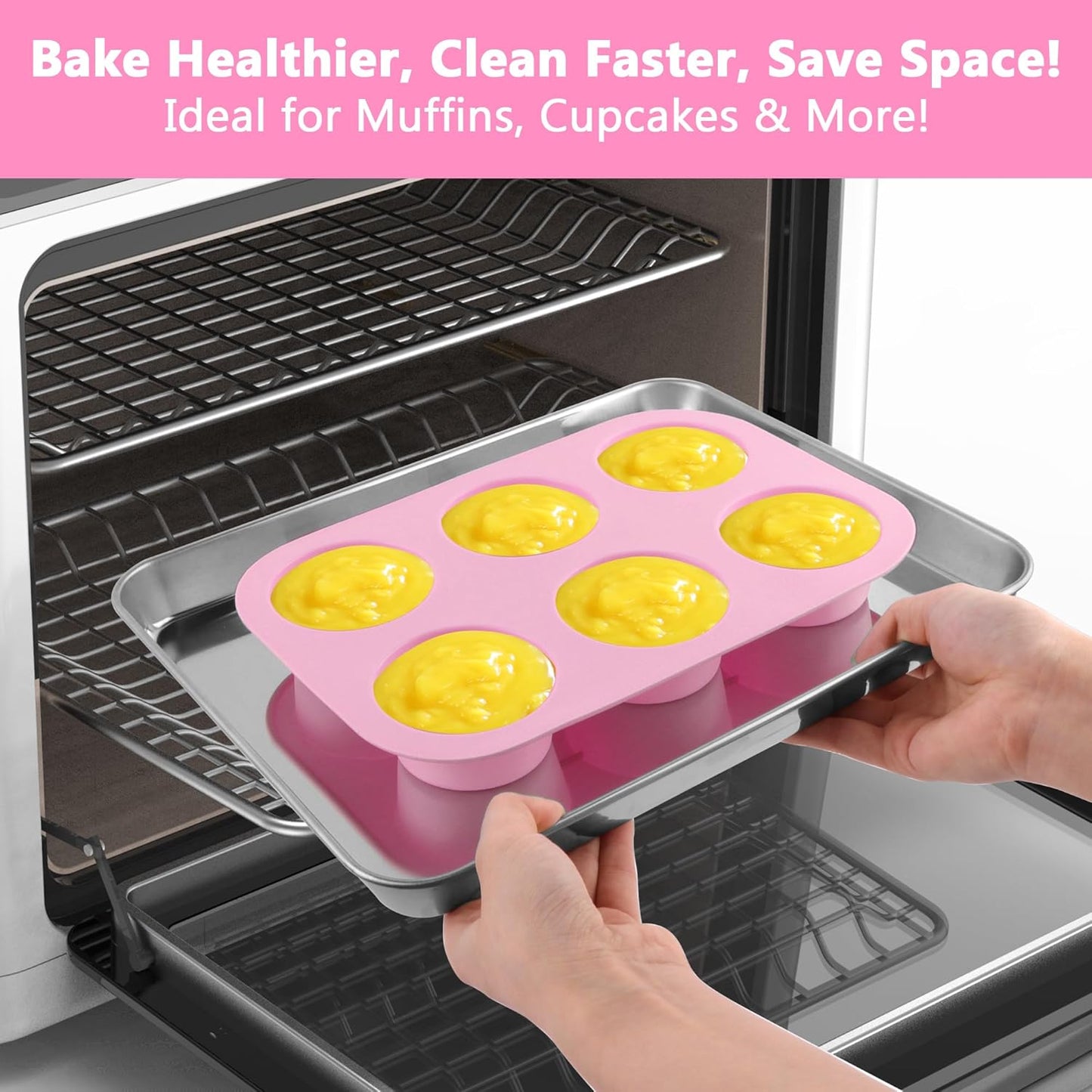 3-Pack 6-Cup Silicone Muffin Pans, Nonstick Cupcake Baking Molds, Muffin Cupcake Pans Molds for Baking, BPA/PFA-Free, Dishwasher & Oven Safe - Pink