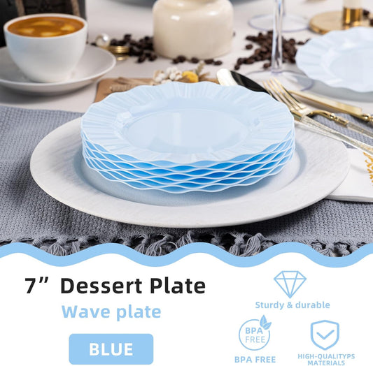 72 Pack Blue Plastic Plates, 7" Disposable Wave Salad/Dessert Plates Elegant Heavy Duty Plate for Party, Wedding, Thanksgiving, Christmas