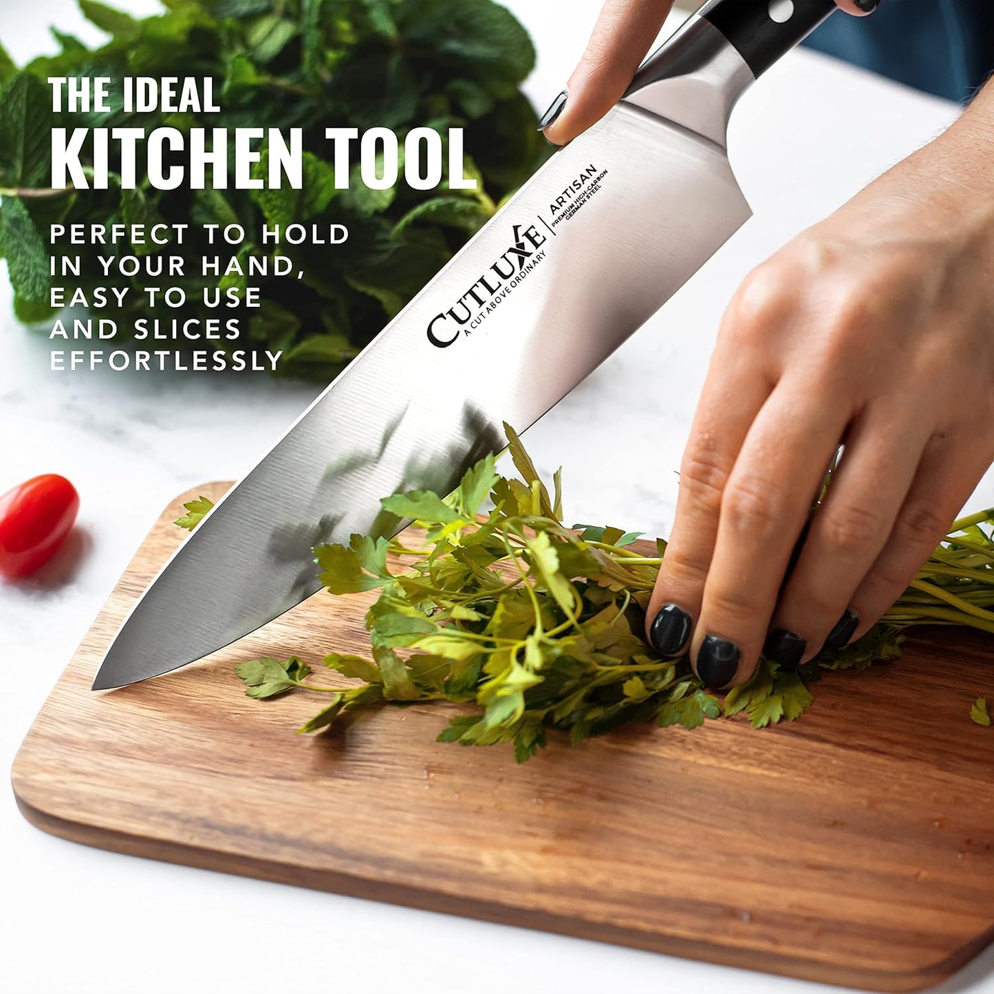 Cutluxe Chef Knife – 8" Kitchen Knife, German High Carbon Steel, Full Tang, Ergonomic Handle Design, Sheath Included – Artisan Series