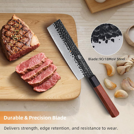 FINDKING Dynasty Series Japanese Nakiri Knife, Professional Vegetable Cleaver, 9Cr18MoV High Carbon Steel Blade, African Rosewood Octagonal Handle, for Shred, Slicing, Mincing, 7 Inches