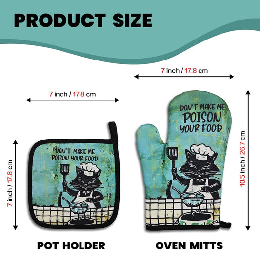 Funny Black Cat Oven Mitt and Pot Holders(Set of 2) Don't Make Me Poison Your Food Heat Resistant Silicone Non-Slip Oven Mitts Funny Kitchen Accessories Gifts for Chef Family Friend Hostess