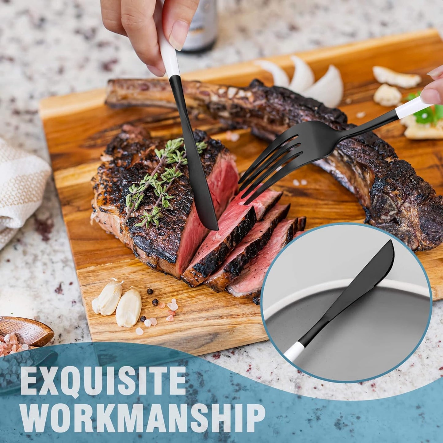 Lemeya Matte Black White Silverware Set for 4,Modern Stainless Steel Brushed Cutlery Set,20-Pieces Heavy Duty Flatware Set,Knives Spoons and Forks Set Utensils Set, Satin Finish, Dishwasher Safe