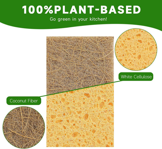 10 Pack Biodegradable Natural Sponges Kitchen - Compostable Cellulose and Coconut Walnut Scrubber Sponge - Eco Friendly Sponges for Dishes