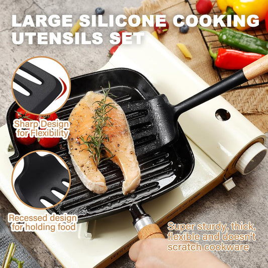 QMVESS Silicone Cooking Utensils Set, Kitchen Utensils Set 7 Pcs with Long Wooden Handle, Food Grade and Heat Resistant Large Silicone Spatula Set for Nonstick Cookware, BPA Free(Black)