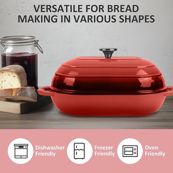 Premium Enameled Cast Iron Dutch Oven for Bread Baking | Non-Stick 2QT Oval Bread Oven with Lid | Perfect for Sourdough, Loaf, and Artisan Baking (Oval Red, 5 QT)