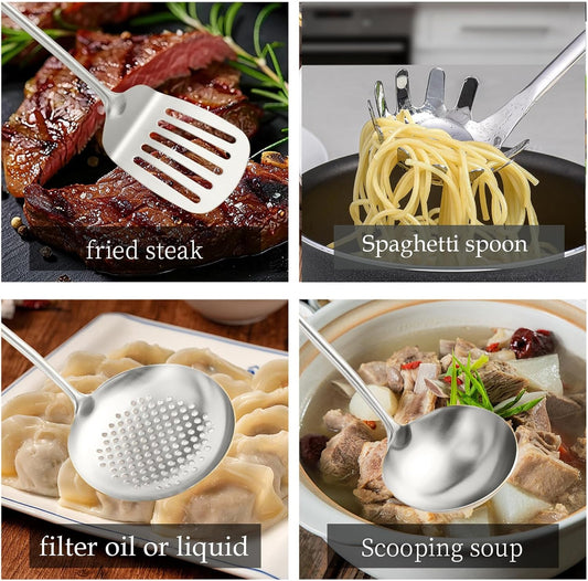 10 PCS Stainless Steel Kitchen Utensil Set Cooking Utensils, Potato Masher Solid Spoon Slotted Spoon Fork Spatula Ladle Skimmer Spoon Slotted Spatula Tunner Spaghetti Spoon Large Spoon