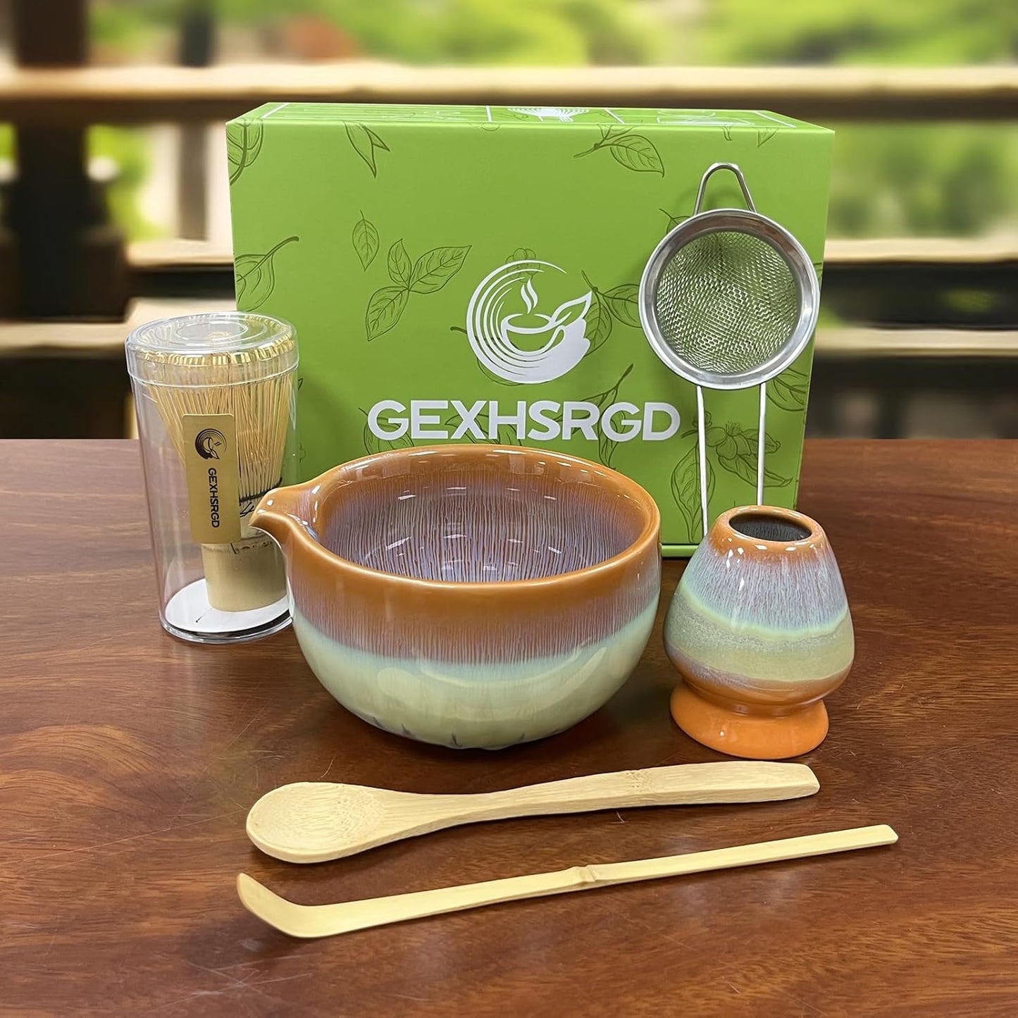 Matcha Whisk Set 6 pc Kit - Traditional Japanese Chasen, Bamboo Whisk Holder, Ceramic Bowl with Spout, Sifter & 2 pc Spoons - matcha kit set, Gift for Matcha Tea Lovers (Gradient Orange)
