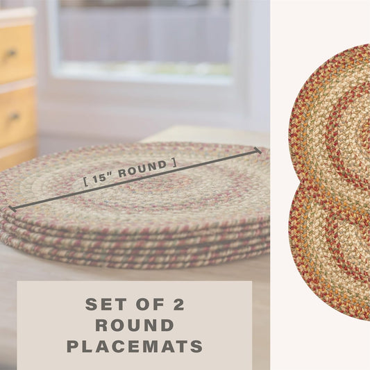Harvest Round Braided Placemats, Warm Country Decor, Set of 2, 15", Multicolor Jute Table Mats - Vibrant Colors, Durable, Easy to Clean and Protects Furniture