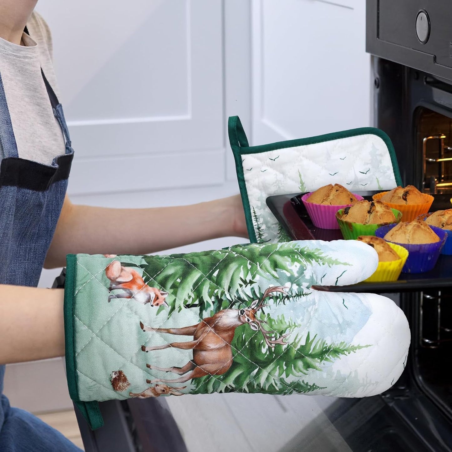 Woodland Deer Oven Mitts and Pot Holders Sets 2Pcs, 100% Cotton Heat Resistant, Extra Long Oven Gloves Potholder for Kitchen Cooking Baking Decoration