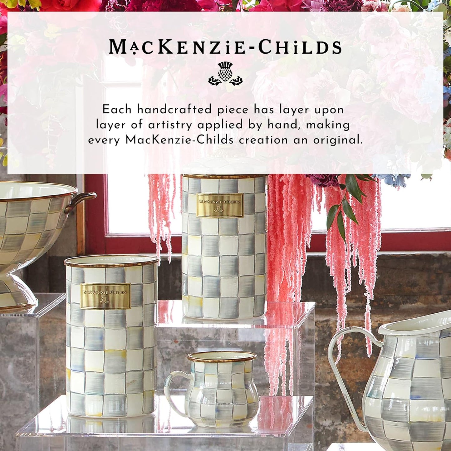 MACKENZIE-CHILDS Enamel Abundant Bowl, Decorative or Serving Bowl, 13-Cup Capacity, Gray-and-White Sterling Check