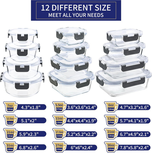 MFY 12-Pack Glass Storage Containers with Lids, Glass Meal Prep Containers Set, Airtight Lunch Containers with Lids, Microwave, Oven, Freezer and Dishwasher Safe, Gray