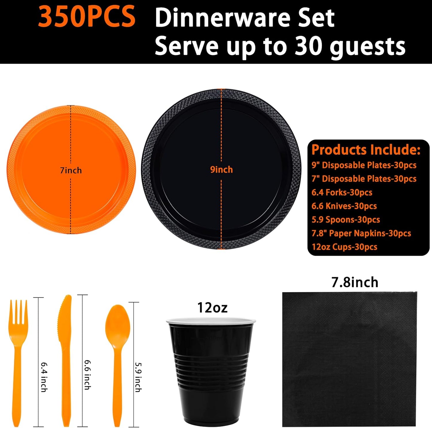 MirthMood 350PCS black and orange Plastic Plates,Black Disposable Plates –Plastic Plates Set Includes 50 Dinner,50 Dessert Plate,50 Cup&50 Napkins, 50 orange Silverware for Wedding& Parties& Halloween