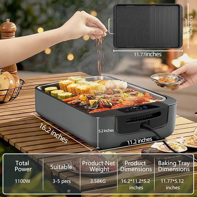 WT-ISG802 Indoor Smokeless Grill – 1100W Electric Grill Indoor with Dual Turbo Smoke Extractor, Dishwasher Safe Plates, Portable and Detachable Indoor Electric Smokeless Grill with Drip Pan