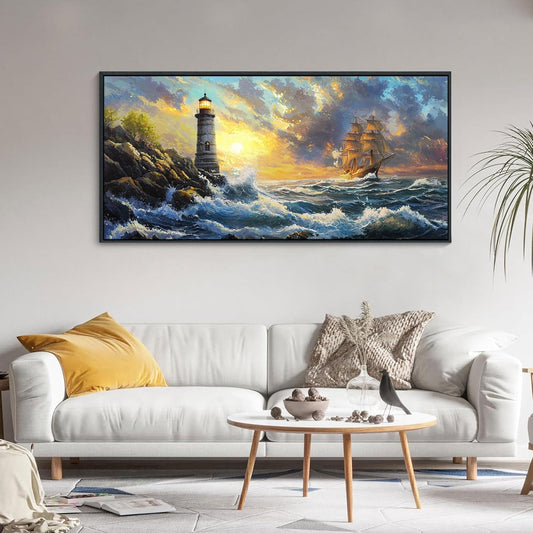 CHATYOUNG Large Wall Art Living Room, Ocean Sunrise Big Waves Wall Pictures Beach Sailboat Lighthouse Landscape Canvas Framed Paintings for Bedroom Kitchen Office Home Artwork Decor 24x48 IN