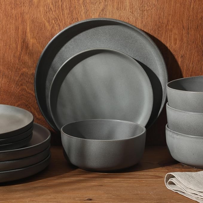 Gibson Elite Pasco 12 Piece (Service for 4) Plates and Bowls Reactive Glaze Dishes Stoneware Ceramic Dinnerware Set - Grey