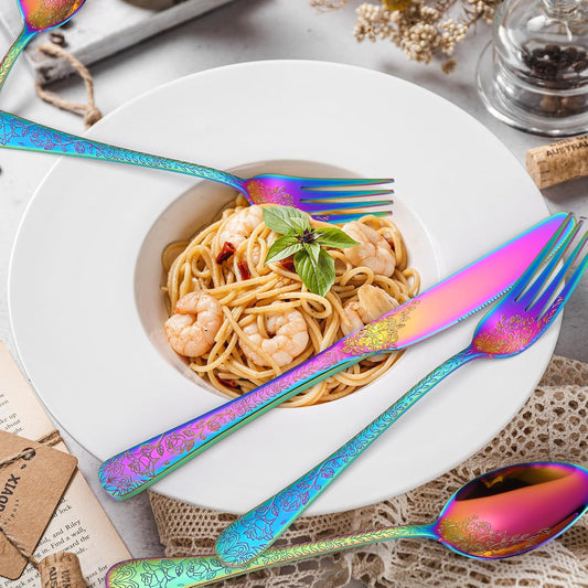 Embossed Flatware Set Rainbow 30 Piece Stainless Steel Silverware for 6 Cutlery with Floral Design Eating Utensils for Weddings Parties Festival and Restaurants Kitchen Daily Use