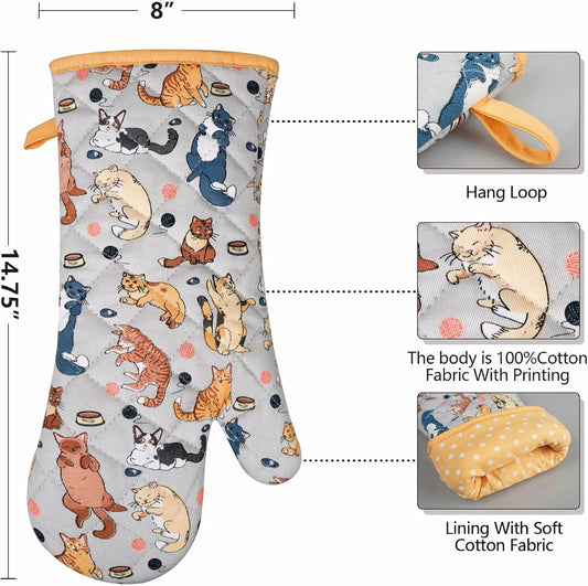 Oven Mitts Cotton Fashion Cute Cat Design 1pair Heat Resistant Oven Gloves Safe Cooking Baking Grilling Barbecue Machine Washable Pot Holders (Cat)