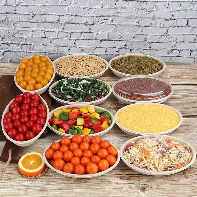 18 oz Oval Disposable bowls with lids,Sugarcane Salad Bowls take away food containers Plant Fibers 50 Pack