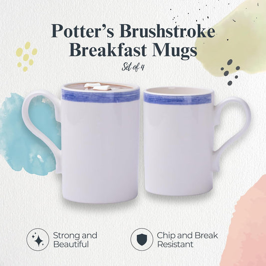 Portmeirion Potters 9oz Ceramic Mug (Set of 4) - Handcrafted Coffee Mugs with Blue Brushstrokes - Dishwasher, Microwave, Freezer Safe - Earthenware Mugs for Tea & Coffee Lovers, Unique Mug Set (Blue)