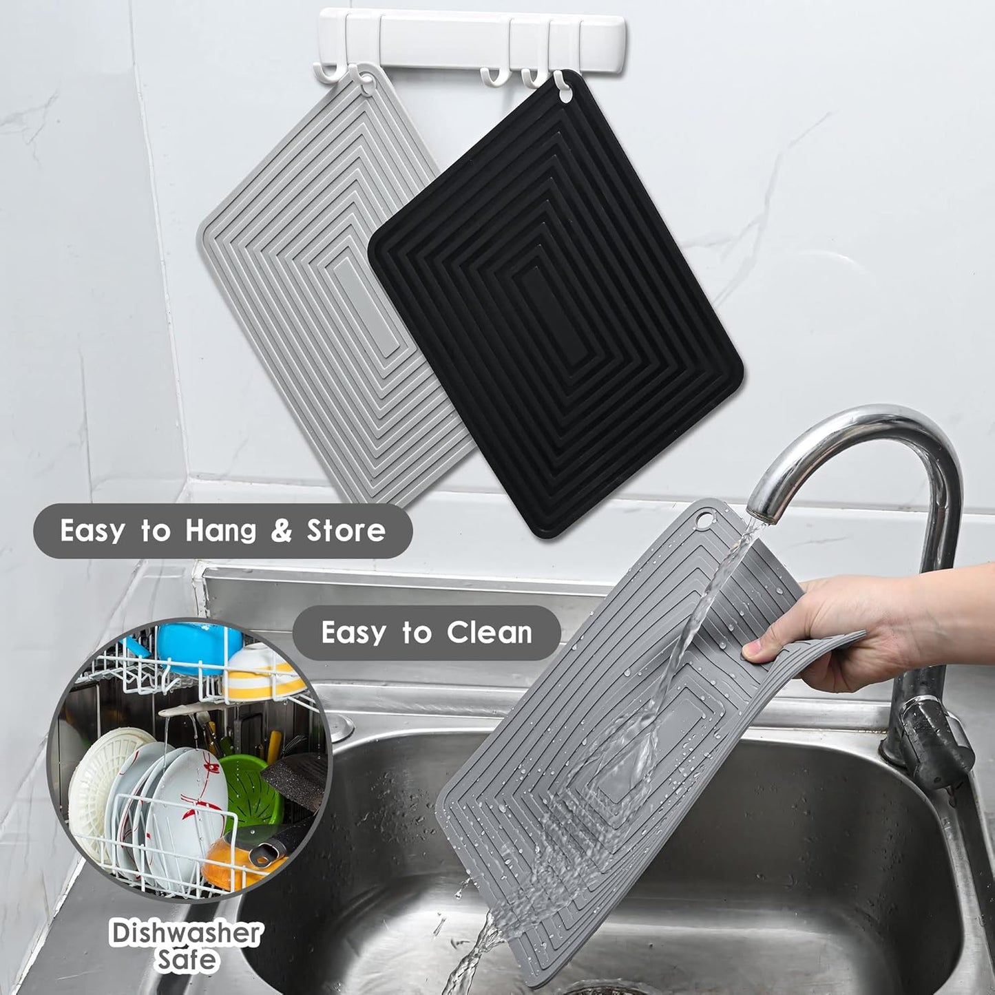 Silicone Trivets for Hot Dishes-Pots and Pans, Flexible Hot Pads for Kitchen, Non Slip Heat Resistant Mats-Pot Holders-Placements, Rectangular Microwave Plate Cover-Trivet Mat Pack 2 White