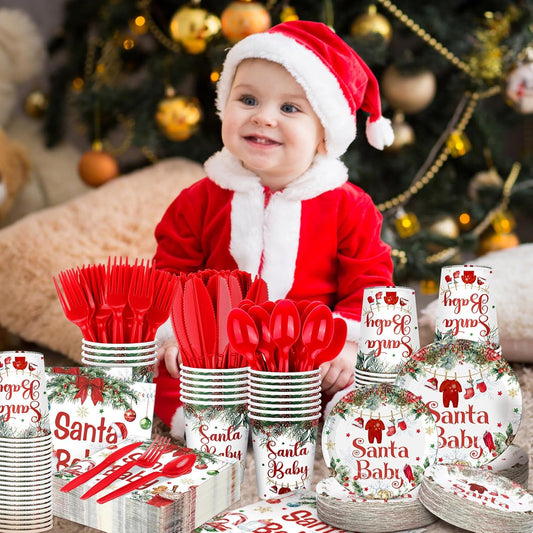 Dandat 350 Pcs Baby Shower Plates Set Baby Shower Party Supplies Serves 50 Tableware Sets Include Plates Napkin Cup Forks Knives Spoons Disposable Dinnerware (Christmas Santa Babies,Red)