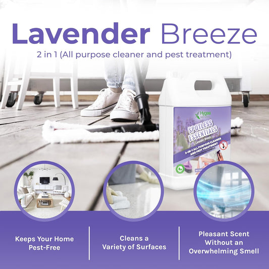 Hygea Natural Spotless Essentials - Concentrated Multi-Surface Cleaner for Home & Kitchen - Eliminates Dust Mites, Bed Bugs, Ants, Lice - Child & Pet Friendly - 128oz (Lavender Breeze Scent)
