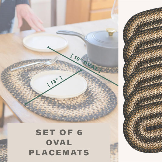 Homespice Kilimanjaro Jute Braided Oval Placemats, Warm Primitive Decor, Set of 6, 13x19 Black and Tan Table Mats - Vibrant Colors, Durable, Easy to Clean and Protects Furniture