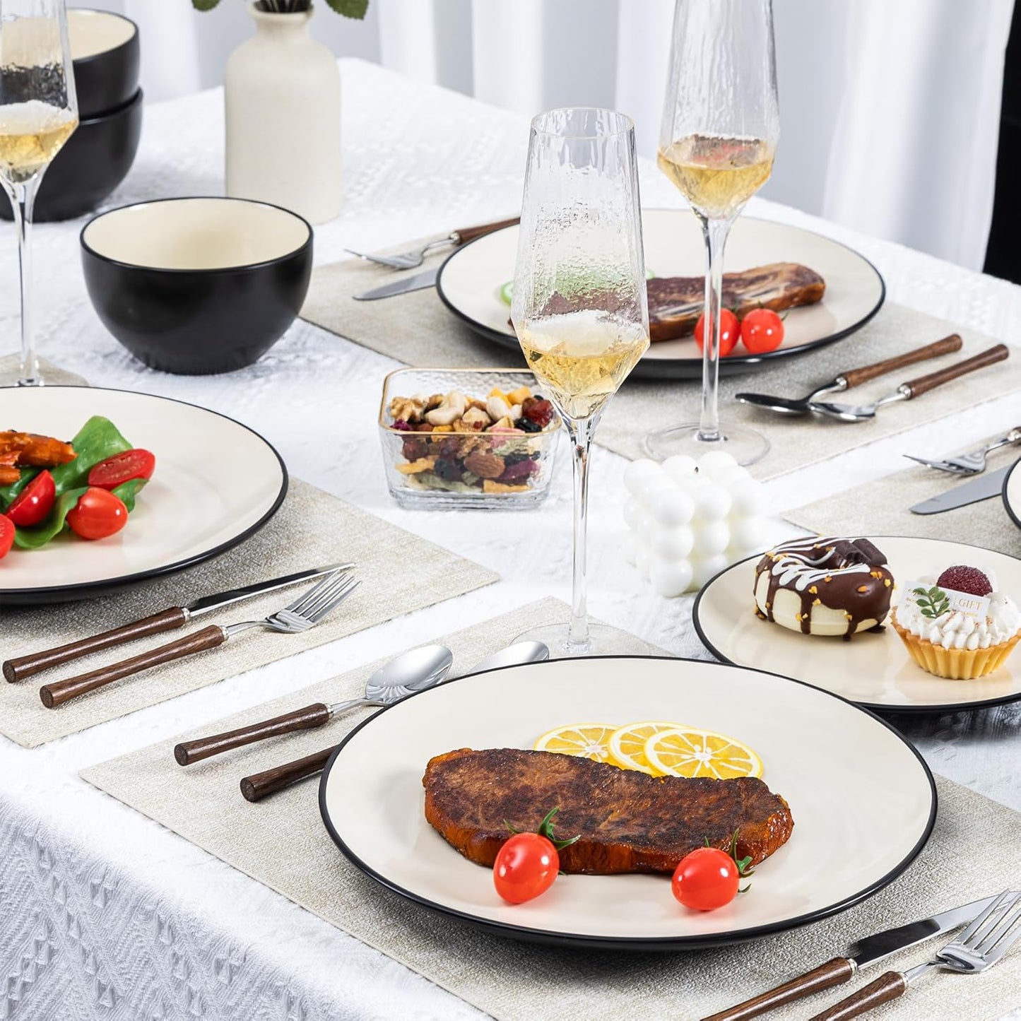 Plates and Bowls Sets for 4 - CJDC-QUELO 16-Piece Stoneware Dinnerware Sets, Ceramic Dishware Set for Indoor Kitchen Use and Formal Dining, Chip and Scratch Resistant Microwave Dishwasher Safe, Ivory