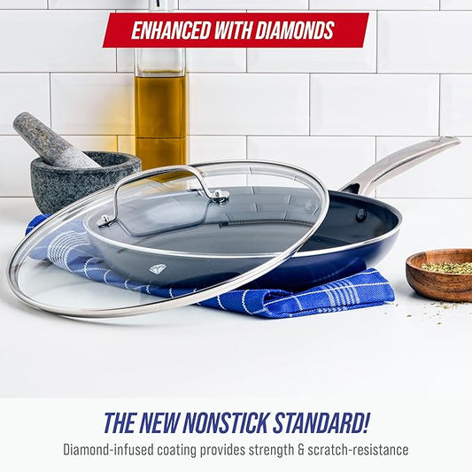 Blue Diamond 12" Nonstick Frying Pan with Lid, Diamond Infused PFAS & PTFE-Free Ceramic Skillet, Dishwasher & Oven Safe, Stay Cool Handle, Durable Non Toxic Metal Utensil Safe, Glass Lid, Blue