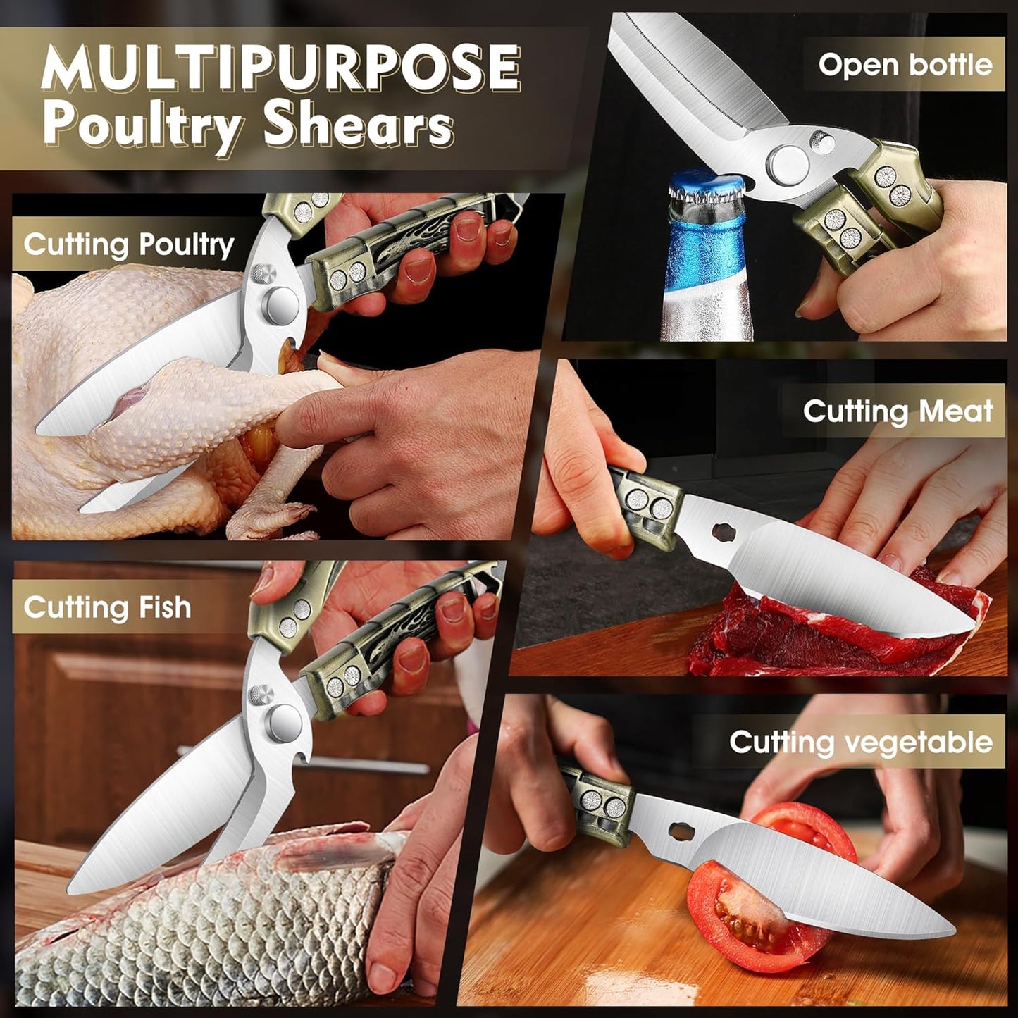 Dream Reach Kitchen Poultry Shears - Heavy Duty Detachable Cooking Scissors with Serrated Edge for Chicken, Meat, Turkey, Green Kitchen Shears for Thansgiving Gift