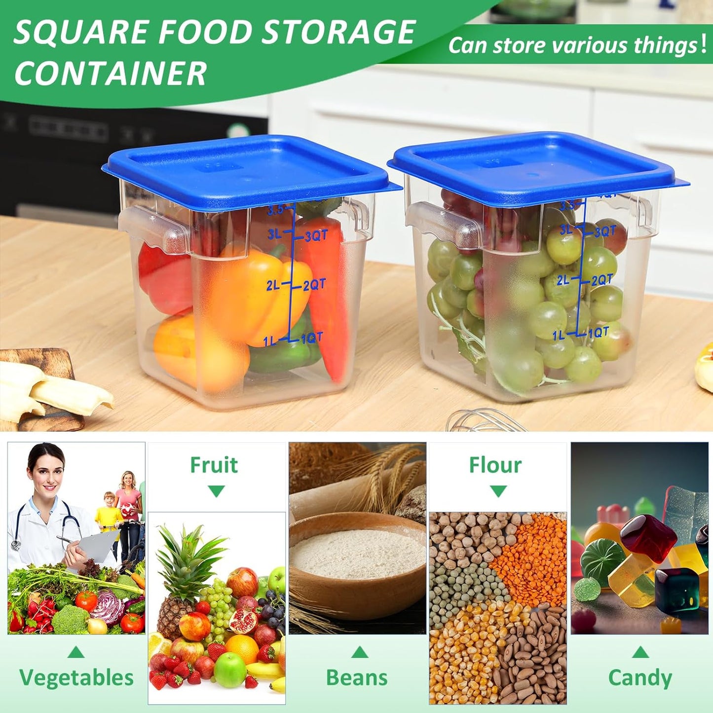 Yungyan 6 Pcs Commercial Clear Food Storage Containers 4 Qt Square Acrylic Airtight Food Storage Containers with Lids for Kitchen Restaurant Pantry Freezer Flour Sugar(Blue)