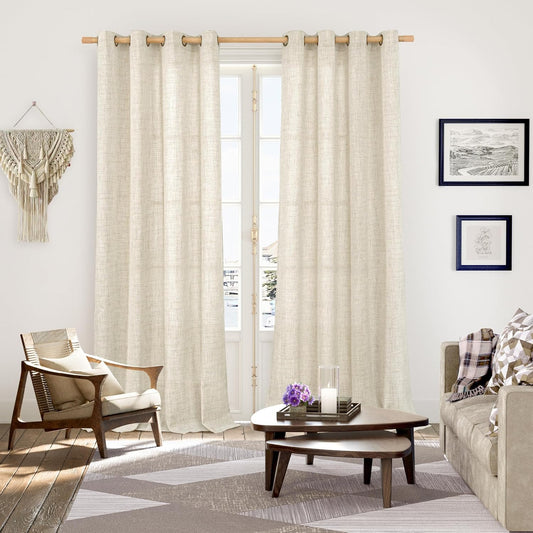 YoungsTex Extra Long Linen Curtains for Living Room 95 Inch Length 2 Panels, Boho Semi Sheer Window Treatments with Bronze Grommet Light Filtering Privacy for Sliding Door Bedroom, 52 x 95 Inch