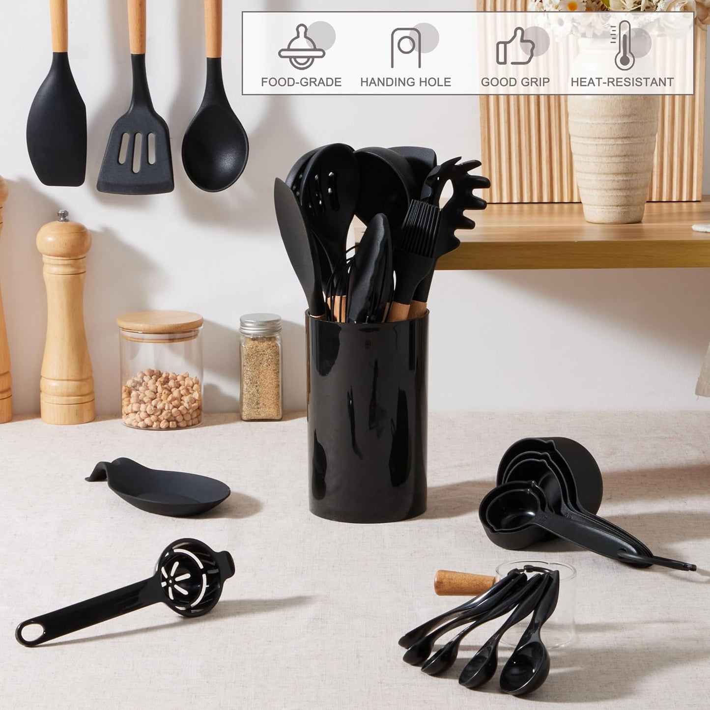 E-far Black Kitchen Utensils Set with Holder, 25-Piece Silicone Cooking Utensil Set with Wooden Handle for Nonstick Cookware, 446°F Heat Resistant Kitchen Tool Spatula Tongs Whisk, Non-toxic & Healthy