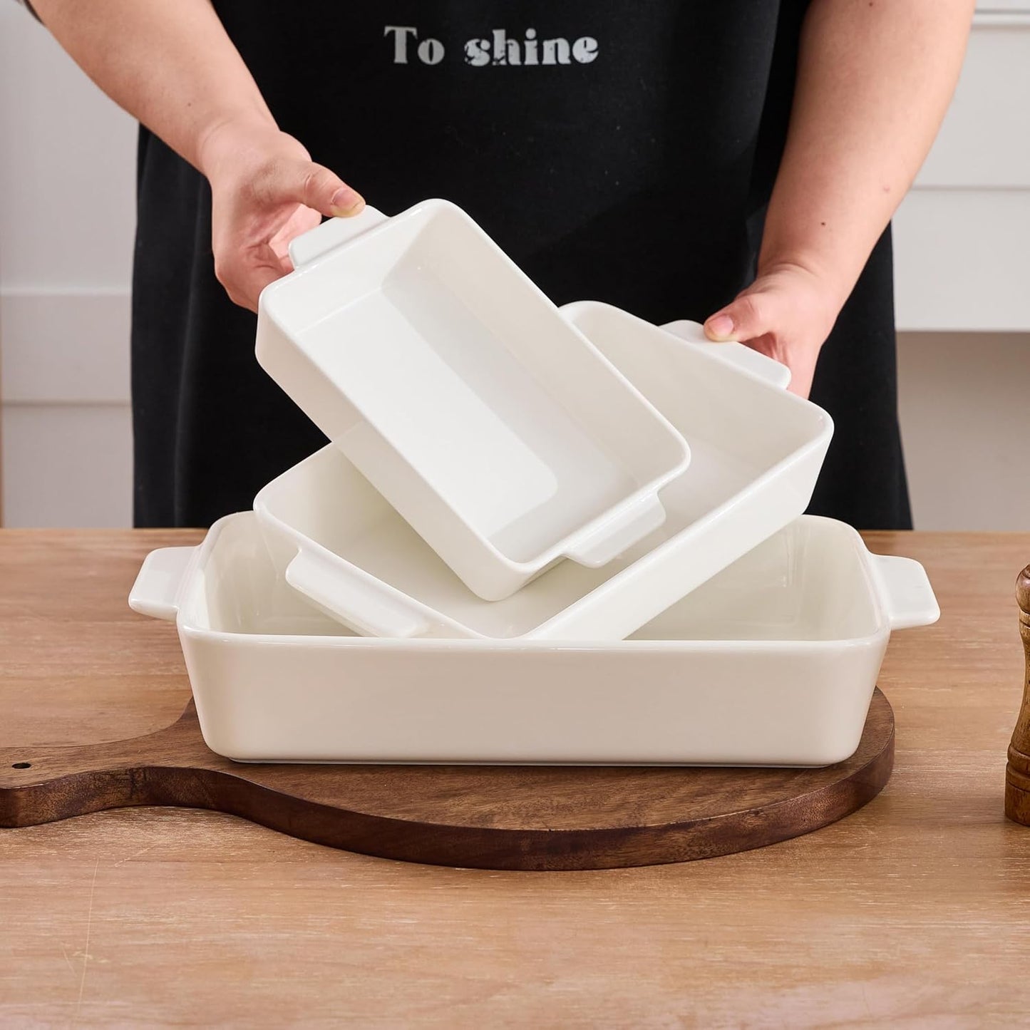 Ceramic Bakeware Set, 13"/10"/7.6" Rectangular Porcelain Baking Dishes for Kitchen, Lasagna Pans with Handle for Cooking, Baking Pan Deep Casserole Dishes for Baking, Set of 3 White