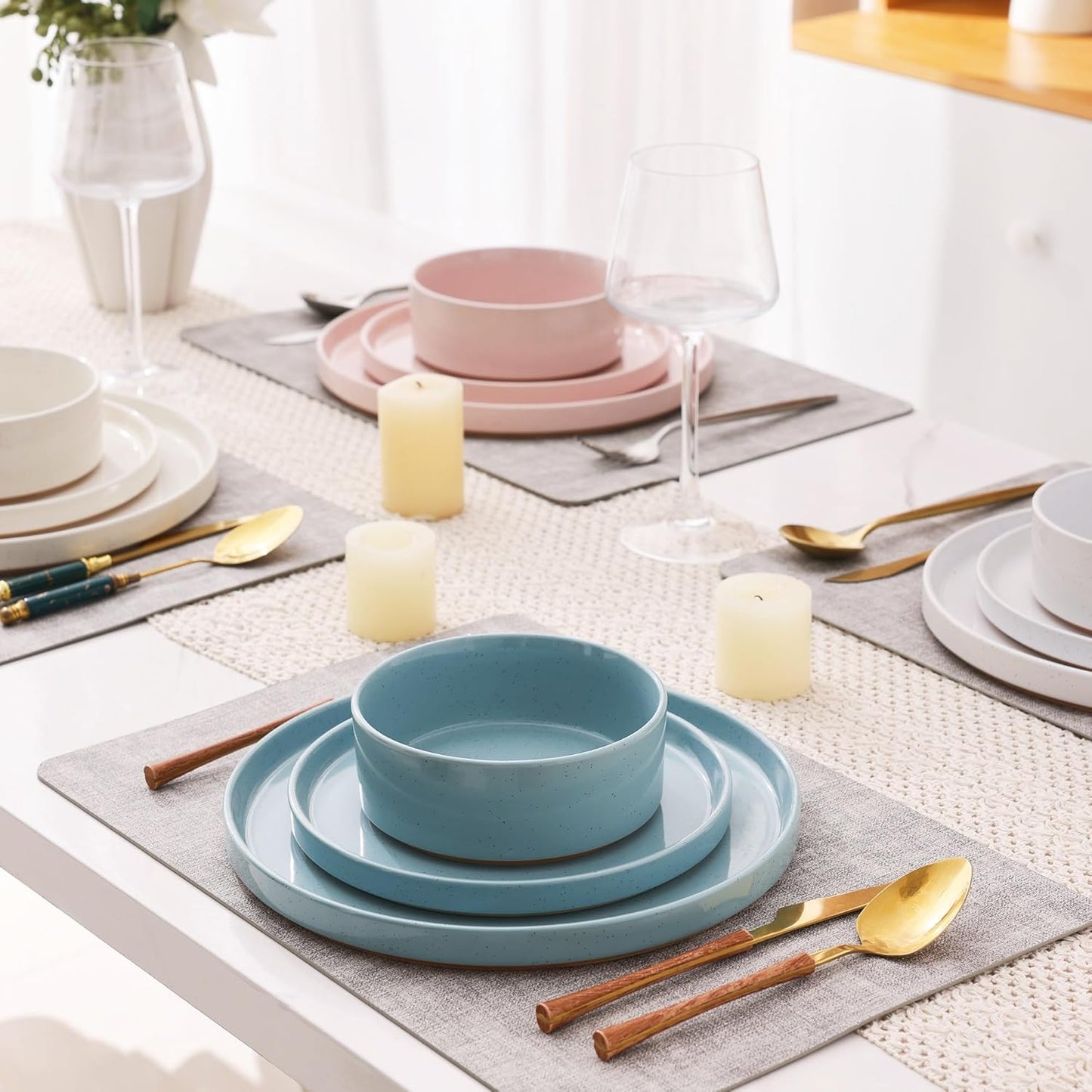 AmorArc Ceramic Dinnerware Set for 8 | Handpainted Stoneware Plates and Bowls with Rustic Terracotta Underside| Scratch Resistant,Dishwasher & Microwave Safe Dishes Sets- 24pcs Colorful