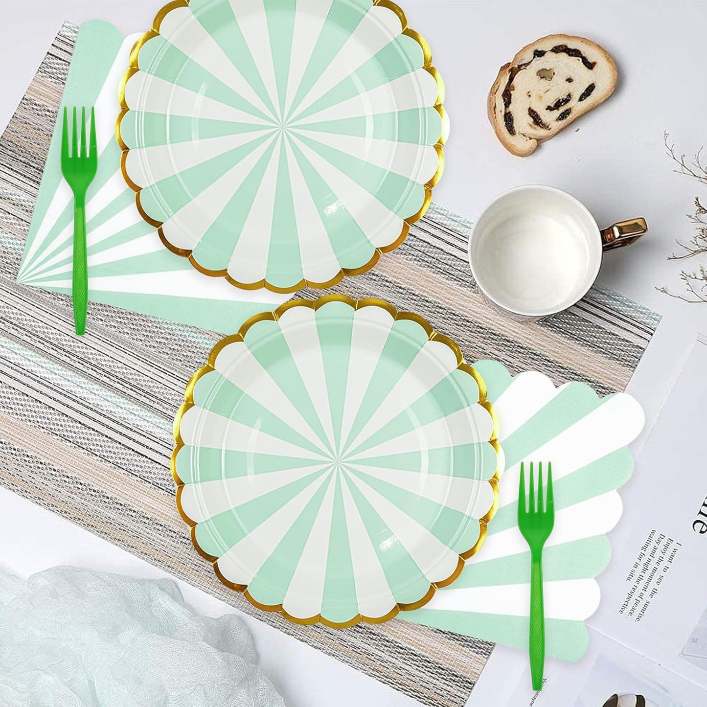 72PCS Sage Green Paper Plates and Napkins Party Supplies, Gold Foil Edge Scalloped Striped Plates Napkins Disposable Tableware Set for Birthday Wedding Baby Shower Party Decoration (Green)