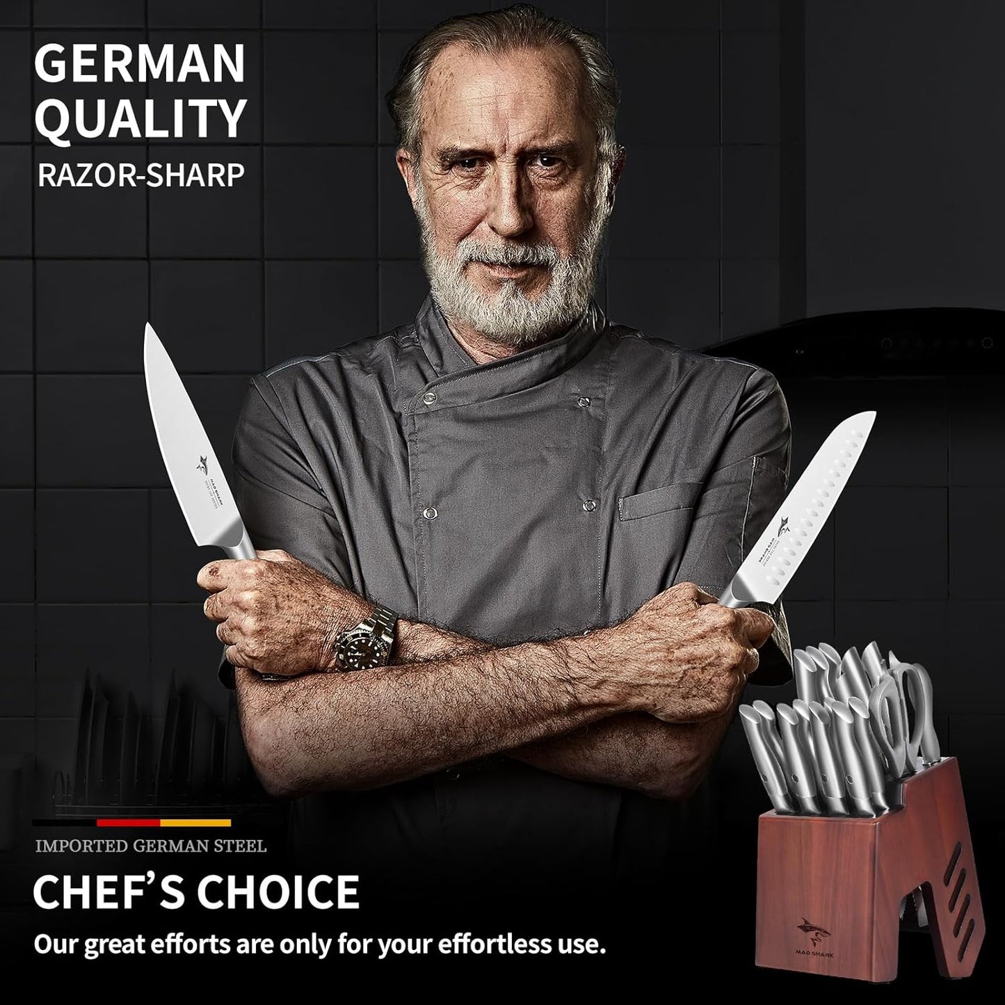 MAD SHARK Knife Set for Kitchen with Block, 17pc Cutlery Set, Built-in Sharpener, German Stainless Steel, Non-slip Ergonomic Handle, Dishwasher Safe