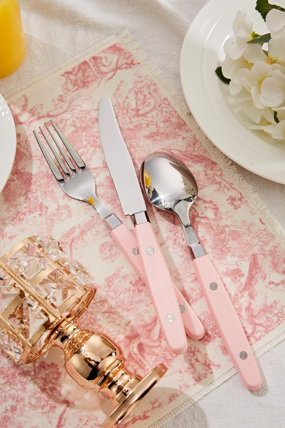 ANNOVA Silverware Set, Retro/Rivet Colorful Stainless Steel Tableware Kitchen Flatware Set Utensils, Includes Dinner Knives, Forks, Spoons, Salad Forks & Dessert Spoons (Light Pink, 20 Pieces)