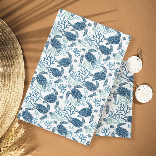 Coral Sea Turtle Coastal Kitchen Towels, Navy Blue Beach Hand Towels for Bathroom, Blue Ocean Animal Beachy Nautical Dish Tea Towels for Kitchen Decor, 16x24 Inches