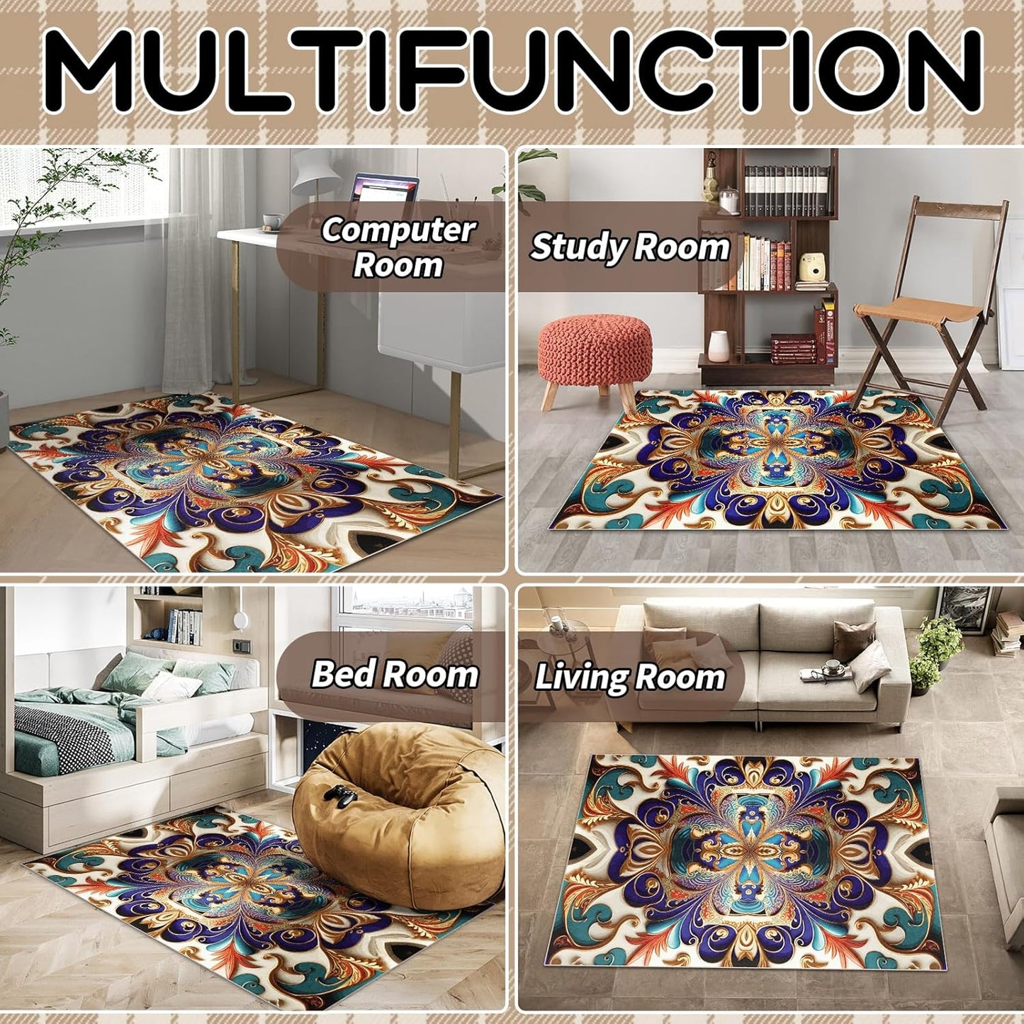 Washable Area Rug, Non-Slip Vintage Hallway Rug Runner with Upgrade Rubber Backing, Stain Resistant Faux Wool Distressed Carpet for Bedroom Kitchen Laundry Corridor Balcony (86" x 63")