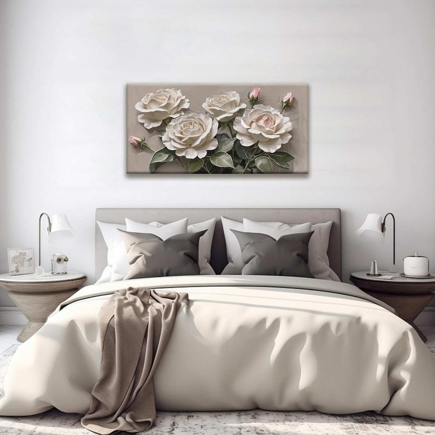 Canvas Art Wall Decor Modern Minimalist Home Wall Decor Flower Paintings White Wall Art Prints Pink White Floral Wall Art Pictures For Bedroom Kitchen Office Artwork 20"×40"