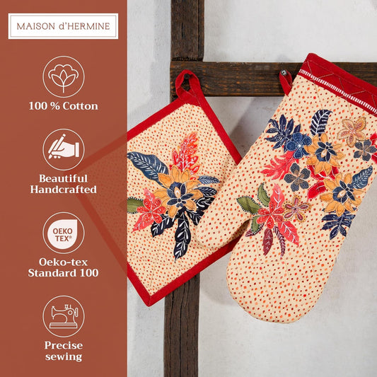 Maison d' Hermine 100% Cotton Oven Mitt & Pot Holder Set (7.5"x13" & 8"x8") Heat Resistant BBQ Cooking Gloves with Loop for Thanksgiving Christmas Decorations Handling Hot Pans (Kalahari)