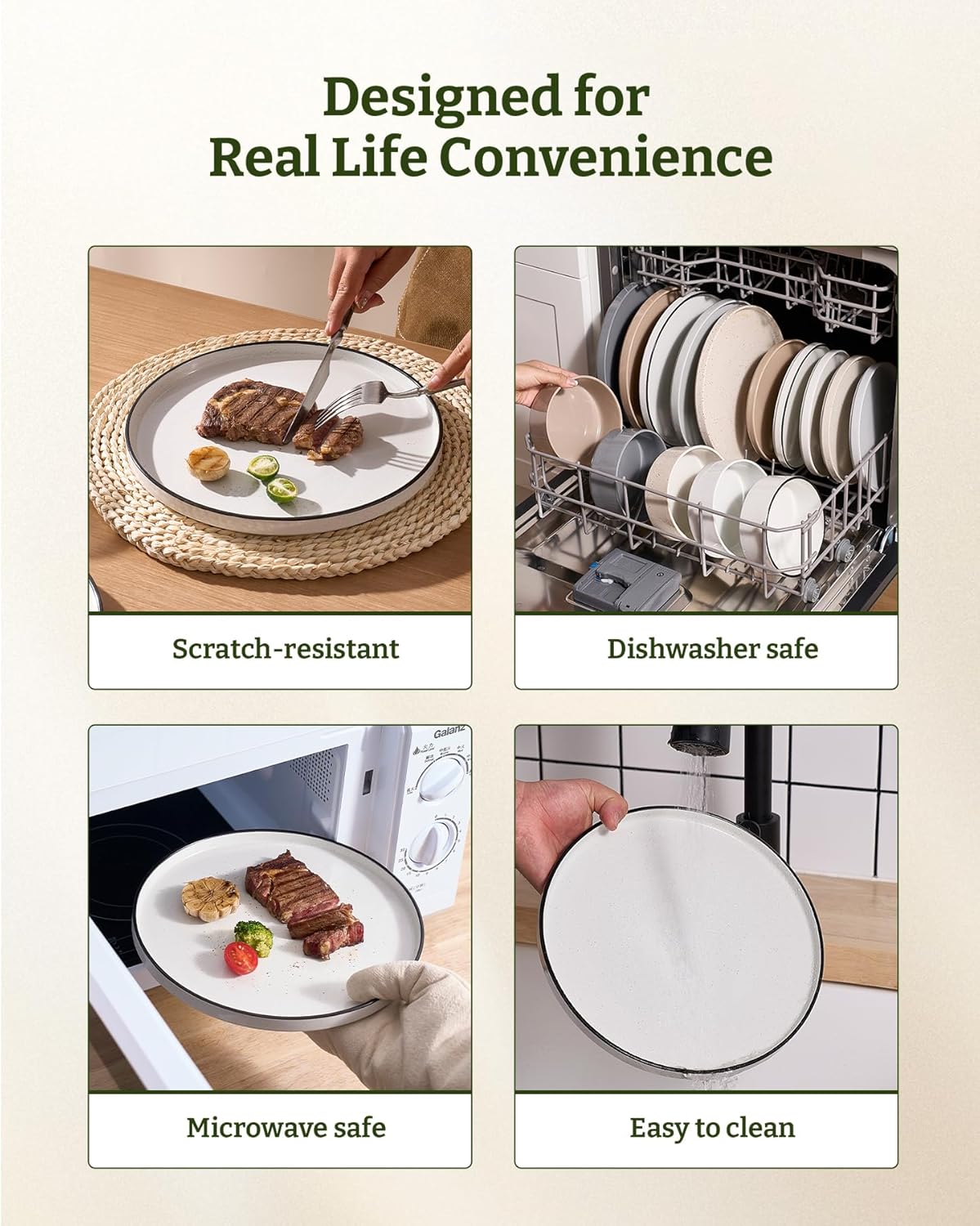 Famiware Nebula Plates and Bowls Sets, 18 Pieces Dinnerware Sets, Dishes Set for 6, White with Black Rim