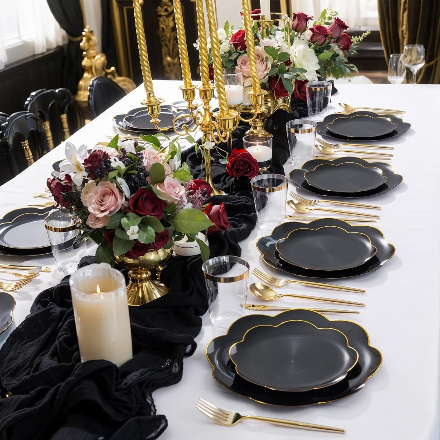 EI 180pcs Black Plastic Plates with Gold Plastic Silverware,Black and Gold Plates Disposable,Heavy Duty Plate for Party,Wedding,Anniversary,Halloween