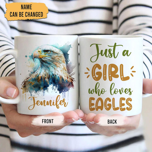 Hyturtle Personalized Gifts Eagle Lover - Just A Girl Who Loves Eagles Custom Name Ceramic Coffee Mug Cup 11oz - Idea Cute Animal Lover Gifts For Women, Girl Daughter On Birthday, Christmas