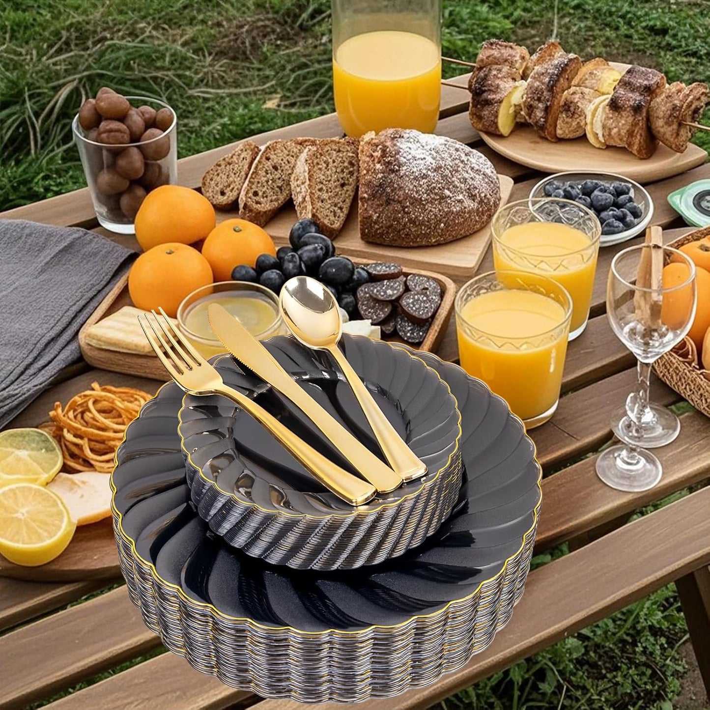 YOUBET 125PCS Clear Black Plastic Plates - Black and Gold Disposable Plates Include 50 Plate, 75 Silverware for Wedding & Party & Birthday & Halloween