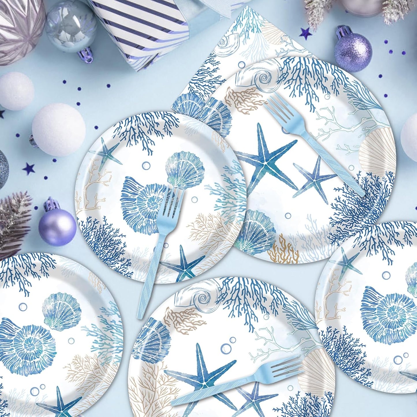 Rakuto Ocean Themed Party Decorations, 96PCS Beach Seashell Plates Napkins and Forks Set, Starfish Coral Disposable Tableware for Birthday Baby Shower Serves 24