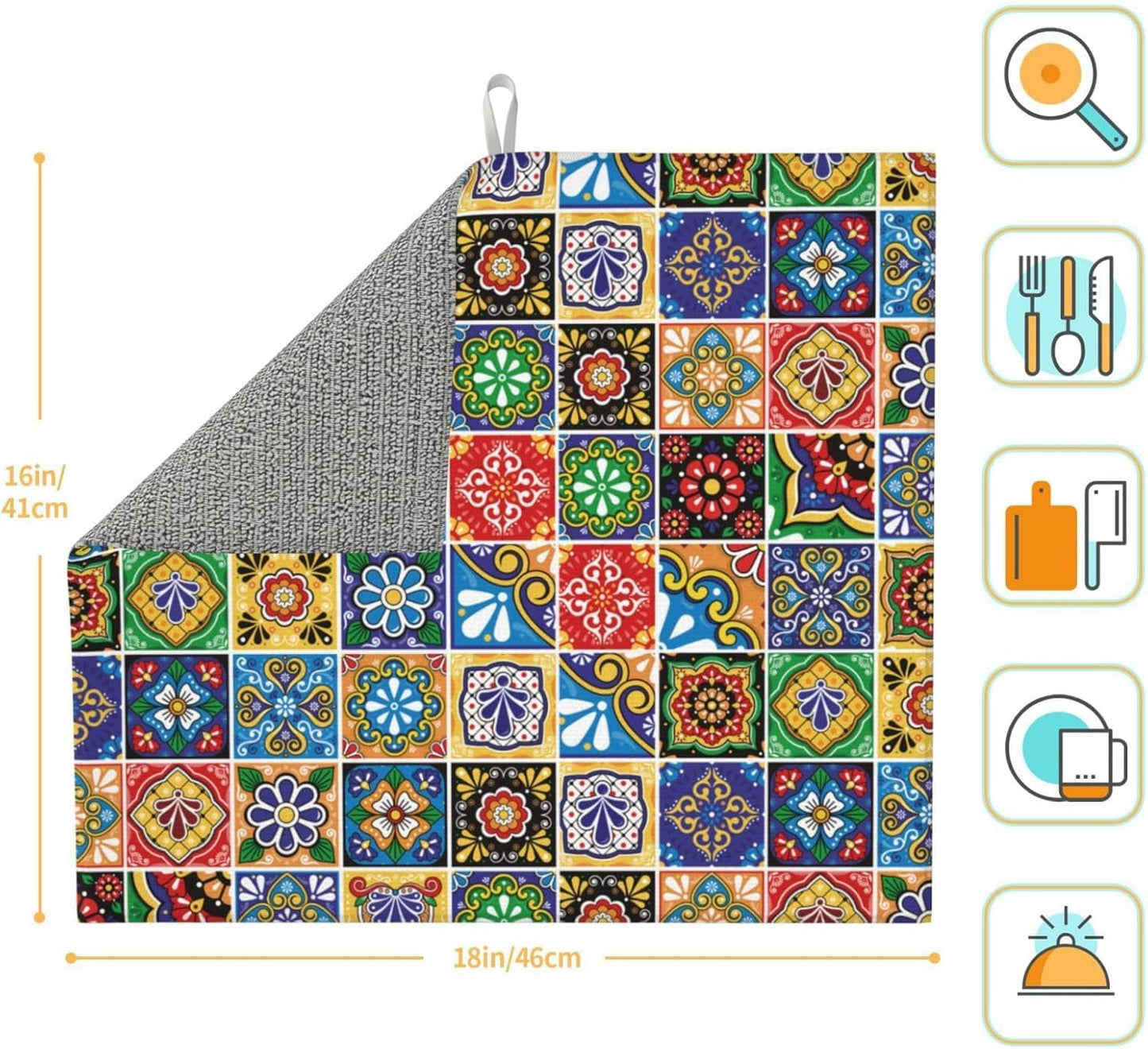Colorful Mexican Talavera Tile Dish Drying Mats for Kitchen Counter & Sink, Absorbent Microfiber Drying Pad for Dishes, Washable Foldable Bohemian Kitchen Mat for Dining Area & Home Decor, 16" x 18"