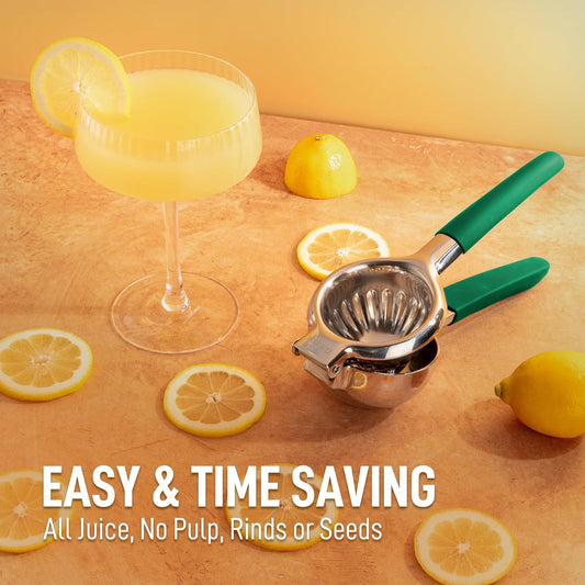 Zulay Kitchen Lemon Squeezer Stainless Steel with Premium Heavy Duty Solid Metal Squeezer Bowl and Food Grade Silicone Handles - Large Manual Citrus Press Juicer and SS Lime Squeezer (Green)